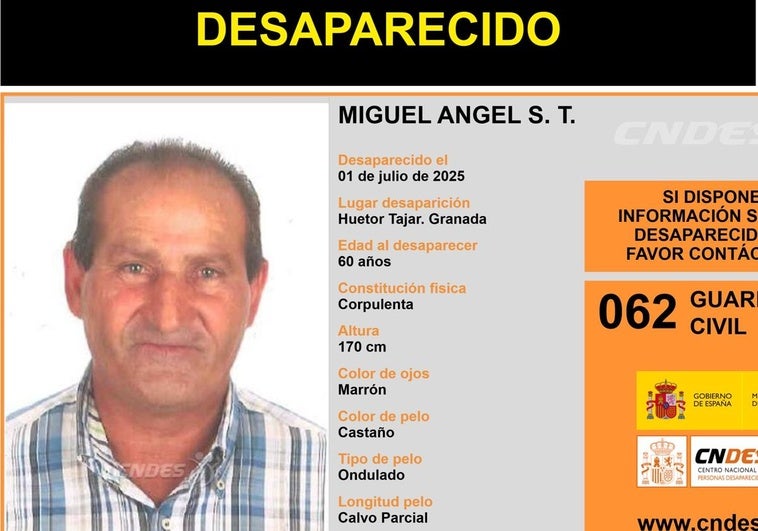 La Guardia Civil pide ayuda para localizar a un hombre de 60 años desaparecido en Huétor Tájar