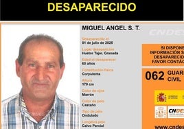 Datos del hombre de 60 años desaparecido en Huétor Tájar