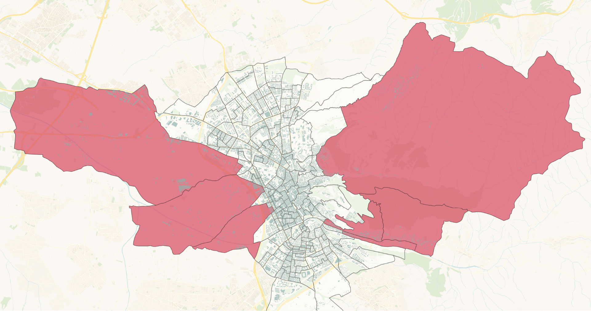 Zonas de la ciudad no cubiertas por nodos de transporte pública ni centros educativos, los dos servicios esenciales más prevalentes en la capital.