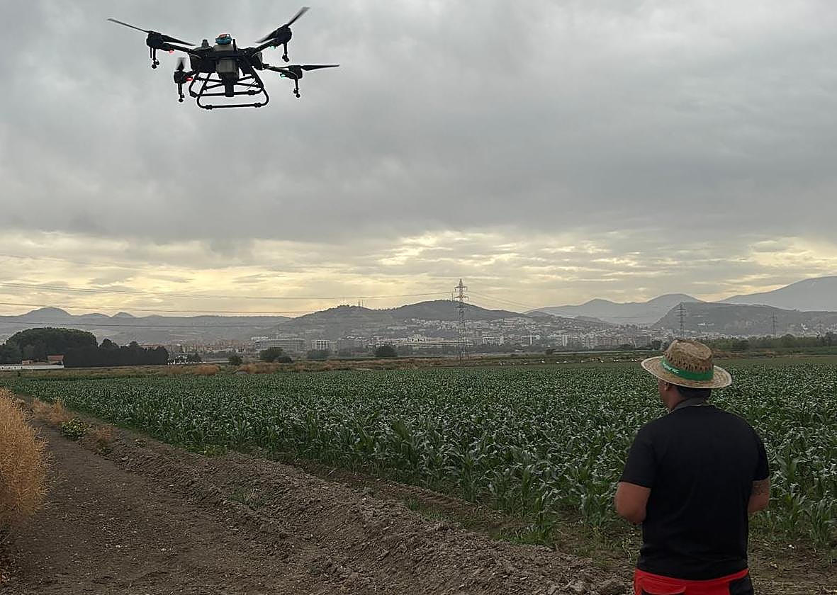 Pablo Luna vuela su dron sobre una finca agrícola.