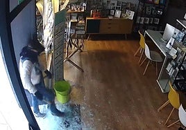 Entrada del ladrón a uno de los negocios tras reventar el cristal.