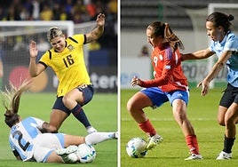 De amarillo, Baquerizo sortea a una rival con Ecuador; de rojo, Keefe esconde el balón con Chile.