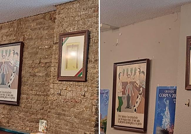 La pared del bar, antes y después de la reforma.