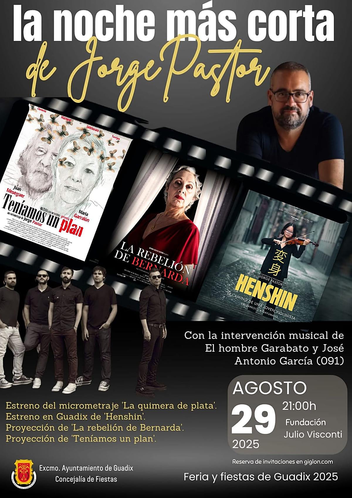 La Feria de Guadix programa una 'noche de cine' con los cortometrajes del accitano Jorge Pastor y un concierto en acústico de El Hombre Garabato y José Antonio Garcia