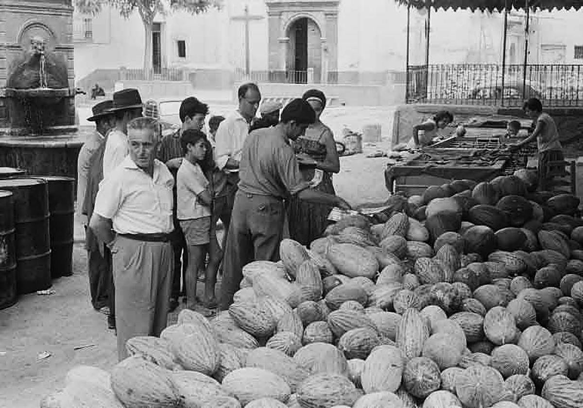 Pilas de melones y sandíasque se montaban en la Plaza de Dúrcal para su venta