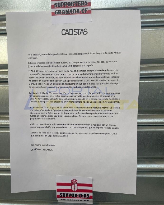 La carta amenazante recibida por la peña 'Los ostiones' en Úbeda.
