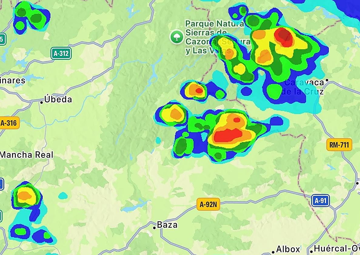 Mapa de lluvia registrado este miércoles en Granada.