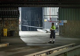 Un operario, en la fábrica de aceite de Pinos Puente este lunes por la noche