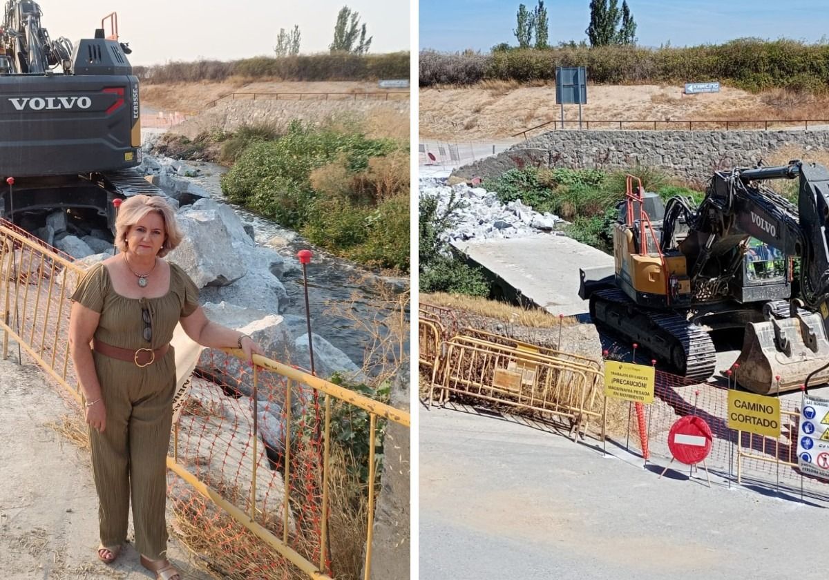 La alcaldesa Mari Carmen Ros junto al vado demolido y a la derecha en una imagen donde aún se ve en pie parte de la pasarela.