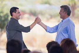 El presidente del Partido Popular regional y la Junta de Andalucía, Juanma Moreno (i), y el presidente del PP, Alberto Núñez Feijóo, este viernes en Alhaurín el Grande.