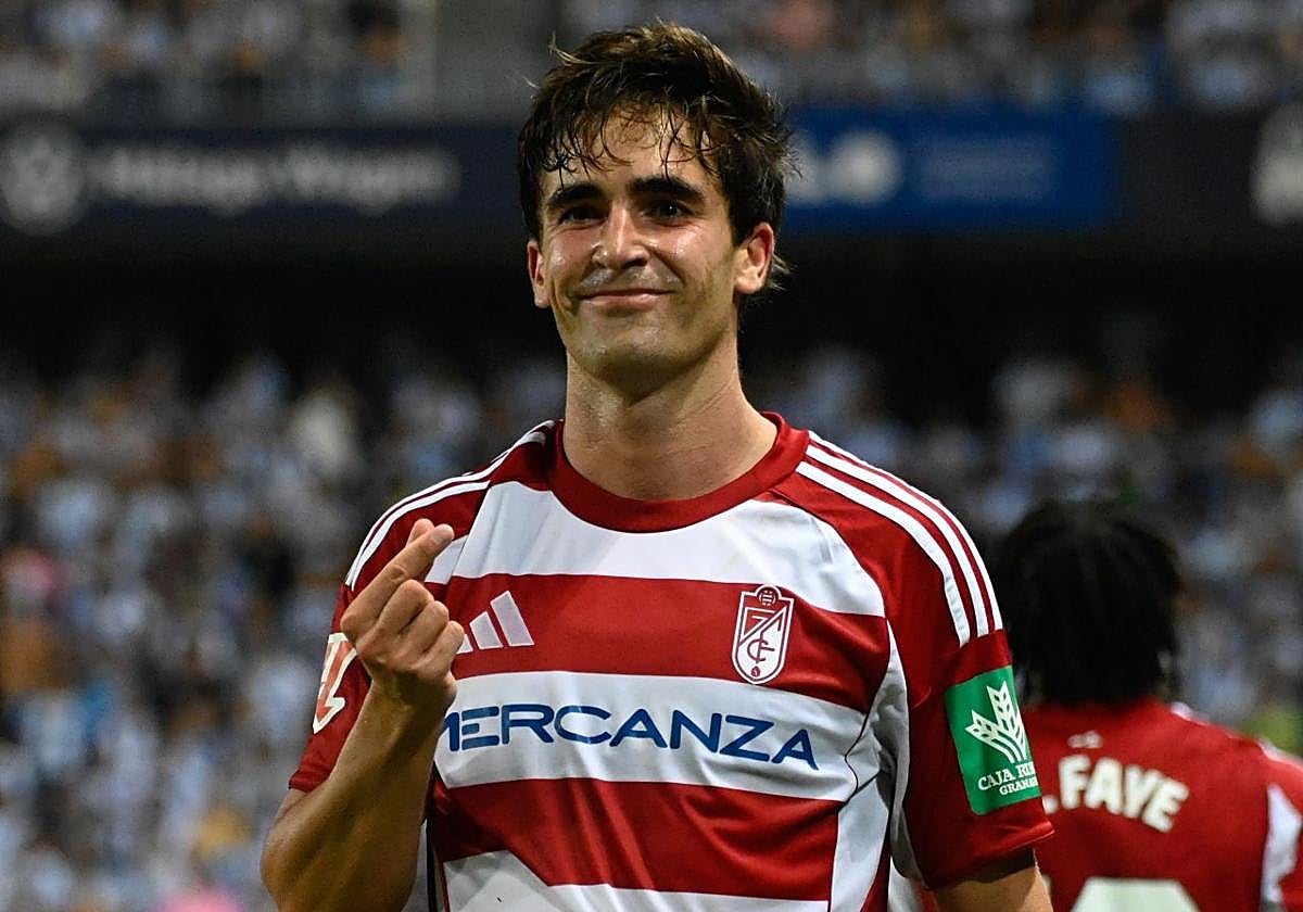 Pedro Alemañ celebra su gol ante el Málaga en La Rosaleda.