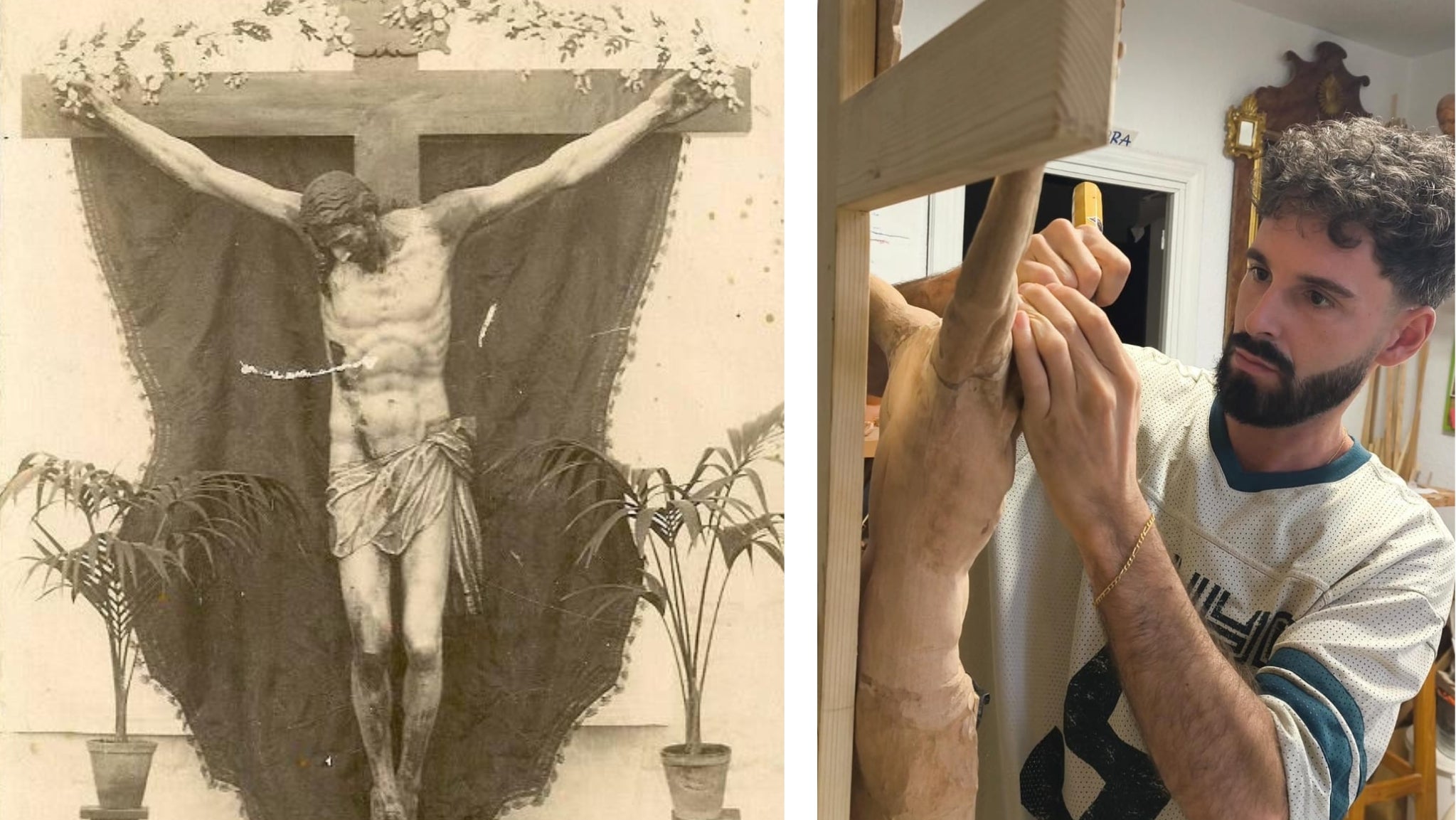 La talla está realizada en madera de cedro policromada al óleo, utilizando técnicas tradicionales que permiten apreciar su calidad artística y reserva histórica