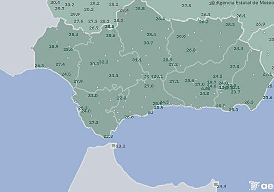 Temperaturas en Andalucía el viernes 26 de septiembre, datos de la Aemet.