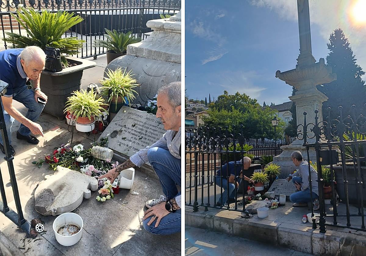 Destrozos a los pies del Cristo de los Favores en el Campo del Príncipe.
