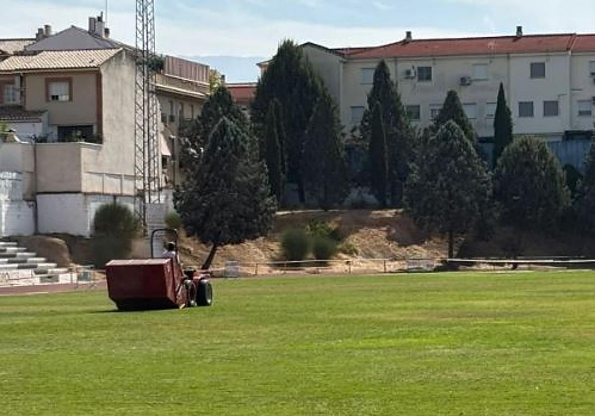 Una de las máquinas actúa sobre el campo de la Ciudad Deportiva de Maracena.