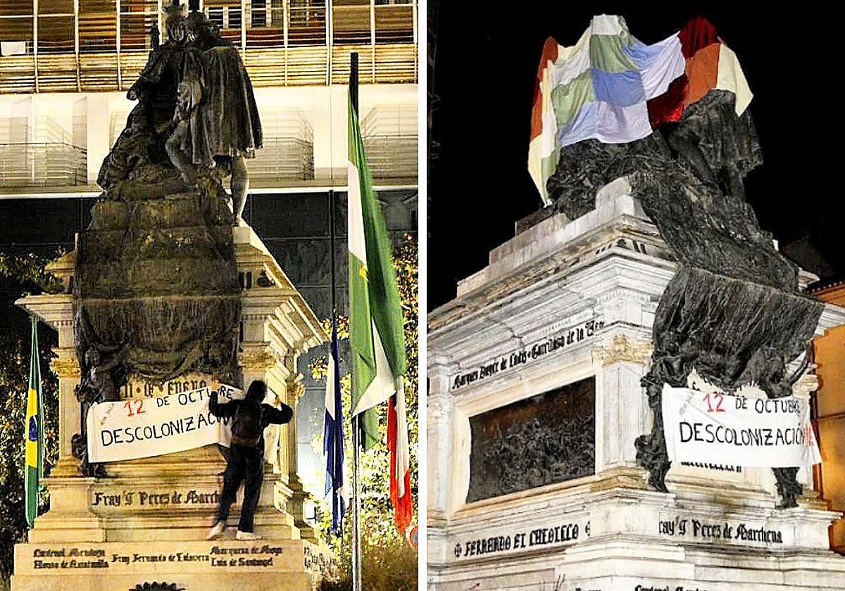 Estatua de Isabel y Colón cubierta por los activistas.