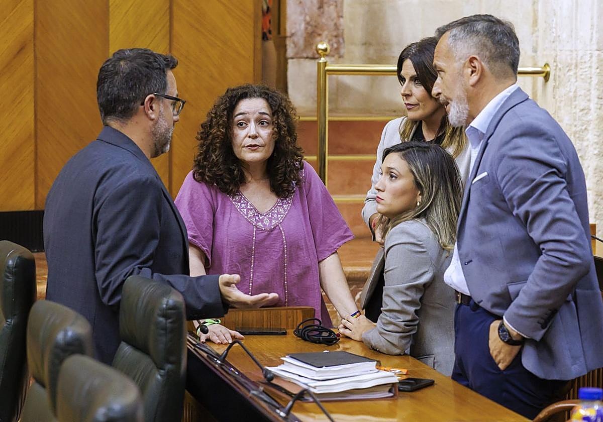 Los portavoces de Adelante, José Ignacio García, de Por Andalucía, Inmaculada Nieto, y del PSOE-A, María Márquez, y los diputados socialistas Ángeles Férriz y Rafael Recio, en el Parlamento andaluz.