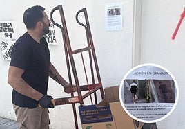 Un comerciante observa uno de los carteles que advierten del ladrón.