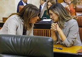 La portavoz del PSOE-A, María Márquez (d), y la diputada socialista Ángeles Férriz en el Parlamento andaluz,