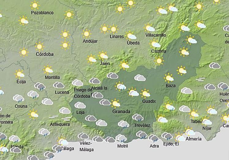 Zonas con lluvia en Granada este lunes.