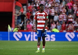 Oscar sigue la evolución del juego durante un partido del Granada en Los Cármenes.