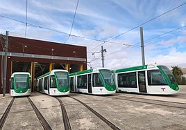 Los vagones en las cocheras del tranvía.