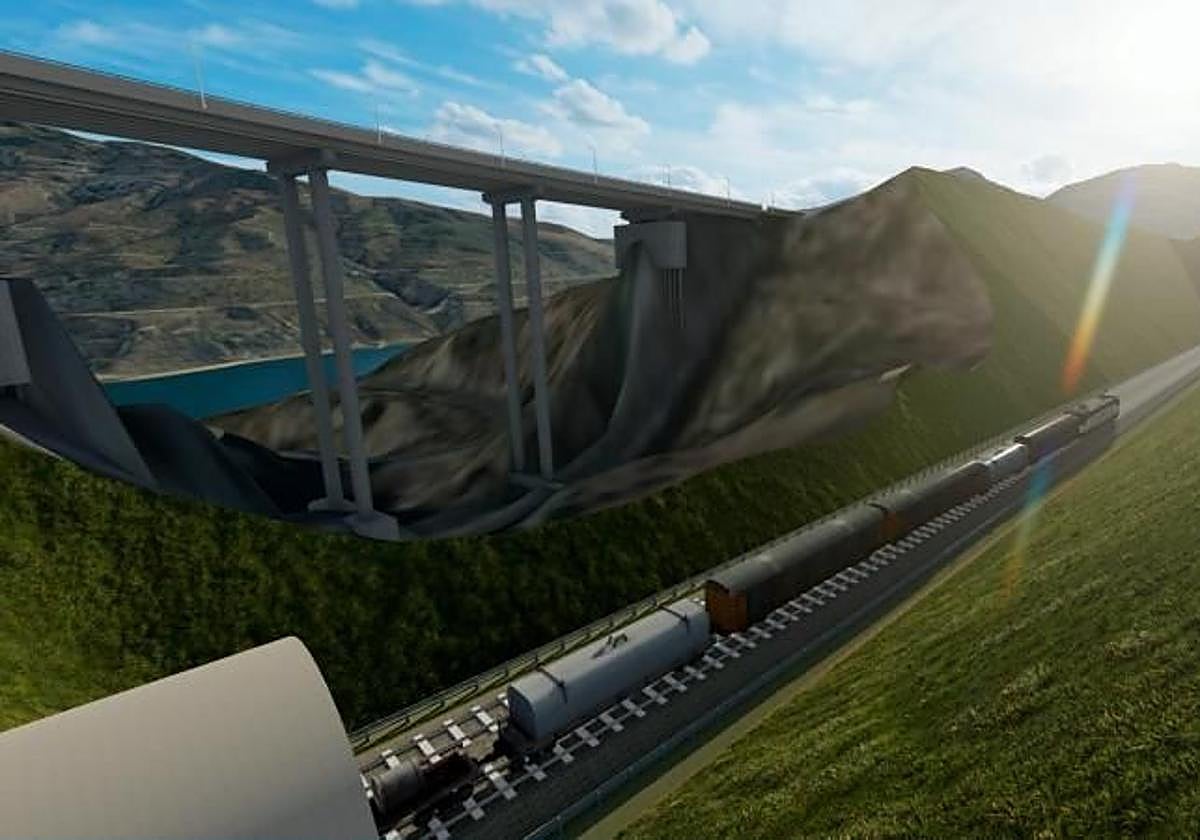 Recreación del paso del tren por el viaducto de Rules contemplada en el estudio de viabilidad encargado por el puerto.