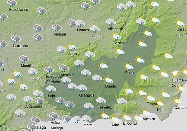 Pronóstico del tiempo de la Aemet para el mediodía del sábado.