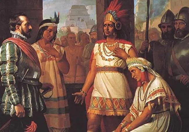 Cuadro historicista que representa a Hernán Cortés y Moctezuma