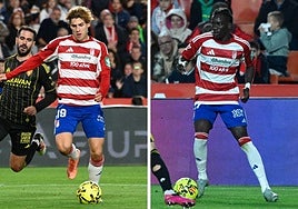 Los rojinegros Pascual y Faye, ante el Zaragoza.