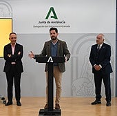 El delegado territorial de Turismo, Cultura y Deporte, David Rodríguez, el presidente de la Real Federación Cofradías de Granada, Armando Ortiz y Enrique Crespo, miembro del equipo de trabajo del proyecto musical CENTRA-IUHS, han presentado el proyecto.
