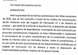 El PSOE de Fines exige explicaciones al alcalde sobre su continuidad en el cargo por el Caso Mascarillas
