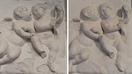 Restauradas ocho placas de piedra y cuatro relieves de yeso de la Facultad de Derecho