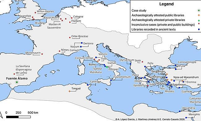 Mapa del Imperio Romano con localización arqueológica de bibliotecas públicas y privadas, junto a espacios que en su día fueron propuestos como tales y han sido descartados por estudios posteriores