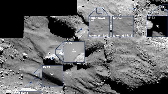 Mosaico de imágenes captadas por la nave Rosetta, durante el aterrizaje de la sonda Philae.