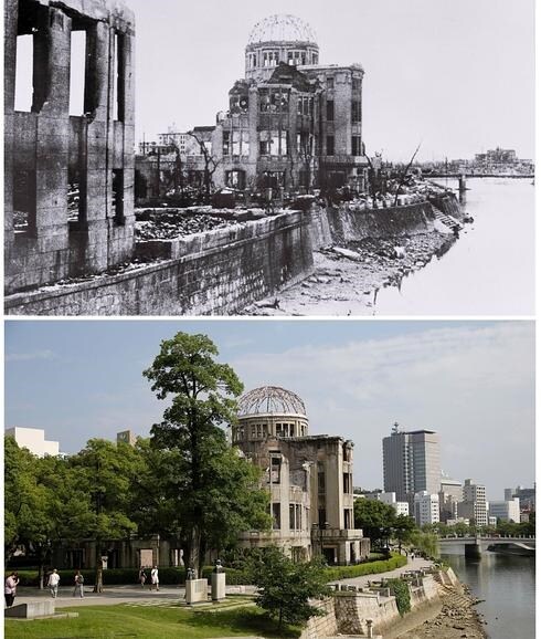 El denominado Monumento de la Paz de Hiroshima tras la bomba atómica de 1945 y hoy en día.