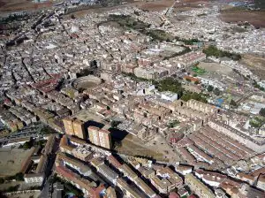 Vista aérea de la ciudad de Linares, en la que destaca, en el centro, la plaza de toros :: IDEAL