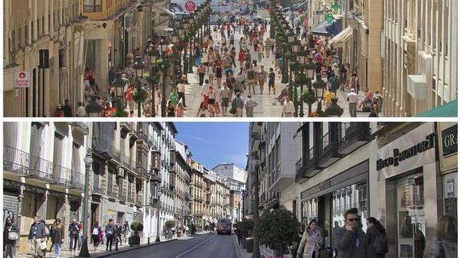 Comparación entre la calle Larios de Málaga (arriba) y la de Reyes Católicos de Granada (abajo). 