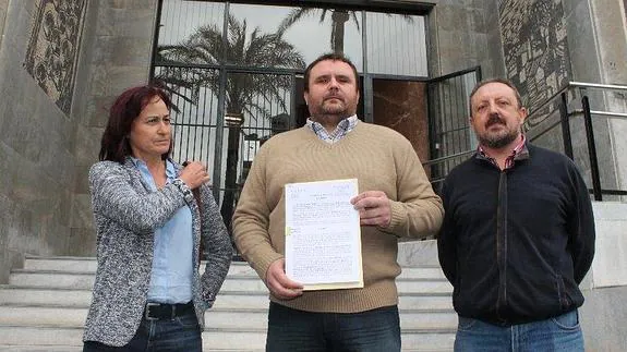 La coordinadora de IU en Almería, Rosalía Martín, el concejal Francisco Cecilio Gómez, y Rodrigo González en la puerta de la Audiencia Provincial 