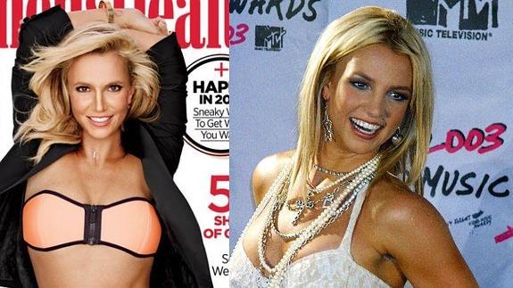 A la izquierda, portada de la edición estadounidense de 'Women's Health'; a la derecha, Britney Spears posa durante la entrega de los Premios MTV 2003 en Nueva York. 