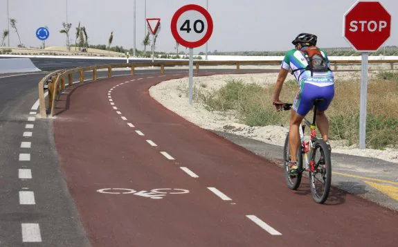 Un ciclista circula por el carril entre Úbeda y Baeza.