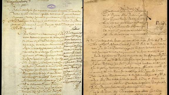 Documento autógrafo de Miguel de Cervantes que conserva la ciudad estadounidense de Filadelfia (derecha), y su otra mitad que está en el histórico archivo español de Simancas (izquierda). 