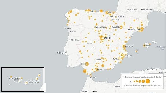 ¿Dónde ha tocado el Gordo de Navidad más veces?