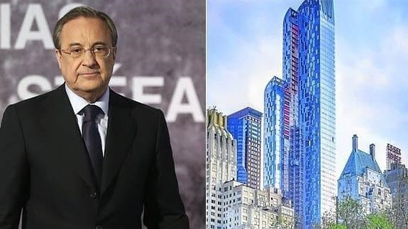 Florentino Pérez, en una imagen de achivo. A la derecha, el One57, que destaca entre otros edificios sobre Central Park. / 