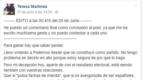 El mensaje de una votante de Podemos a su partido en Facebook: «Para ganar hay que saber perder»