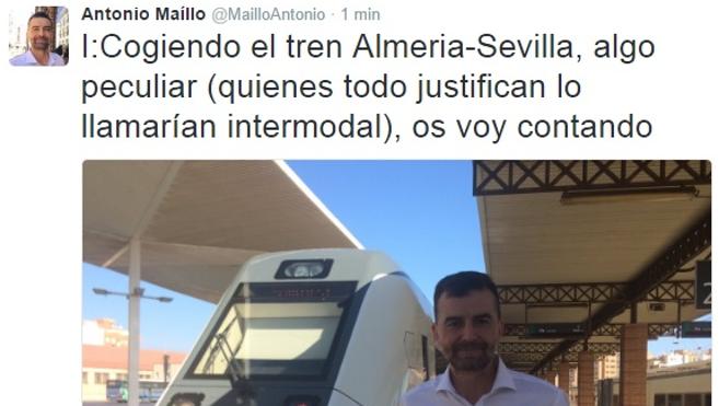 Antonio Maíllo, coordinador de IU Andalucía, tuitea su viaje en tren de Almería a Sevilla