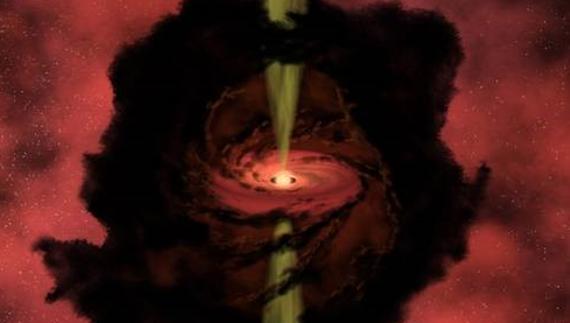 Representación conceptual de una estrella en formación, con un disco del que absorbe materia y dos chorros perpendiculares por donde se expulsa gas 