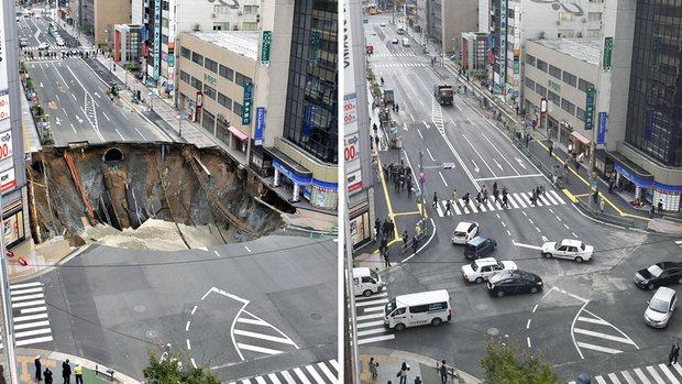 Obreros japoneses arreglan un enorme socavón en una calle en sólo 48 horas