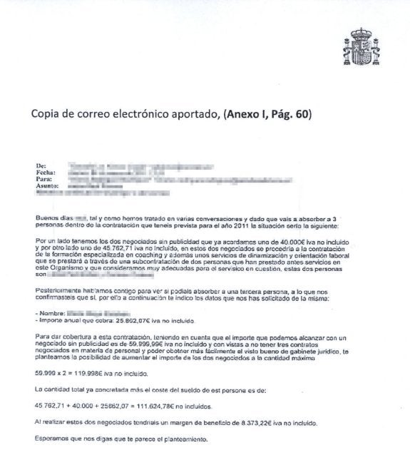 Documentos. La Udef aporta como prueba un correo electrónico remitido por un empresario a la persona que asistía a la secretaria general de la Alhambra. Habla con otro empresario sobre la posibilidad de inflar dos contratos negociados sin publicidad hasta el máximo permitido (un céntimo menos de lo que permite la ley). A cambio, la empresa adjudicataria «absorbe» a tres personas que trabajarían para el Patronato. Por la gestión la mercantil se llevaría un beneficio de 8.373,22 euros. Los investigados alegan que lo que se relata en este correo no se hizo.
