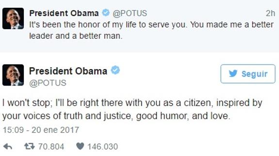 "Ha sido un honor serviros": el último mensaje de Obama en el Twitter presidencial